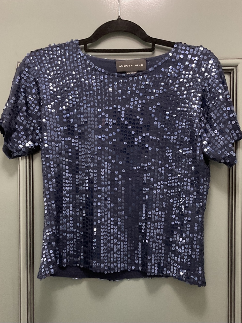 LNWOT 100% silk august silk Navy Blue Sequin Short-Sleeve Top